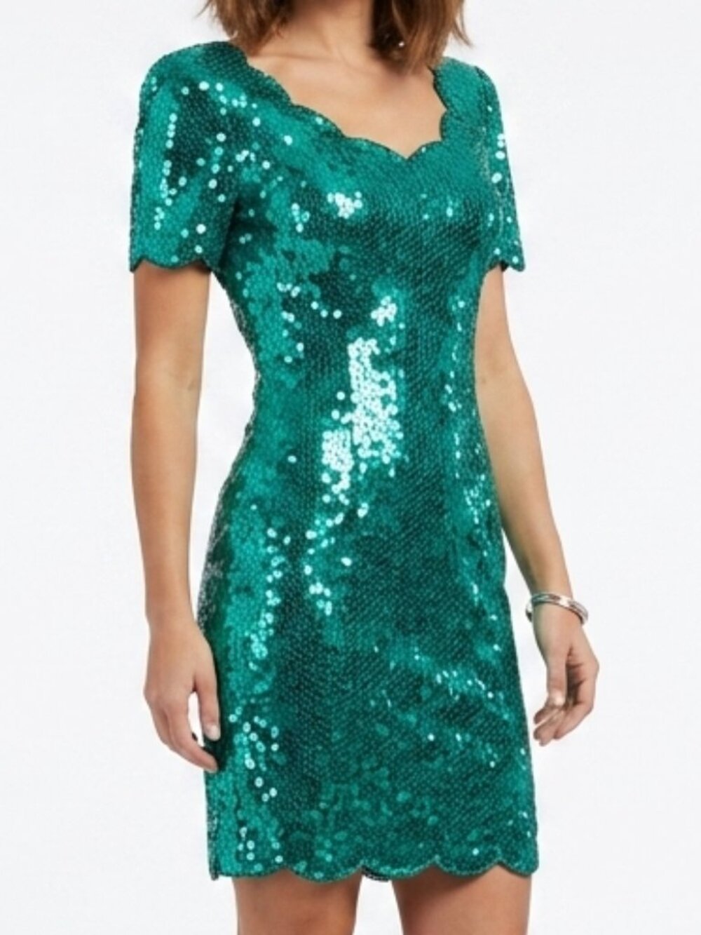 VINTAGE 80s Emerald Green Niteline Della Roufogali Sequin Cocktail Dress Sz 4